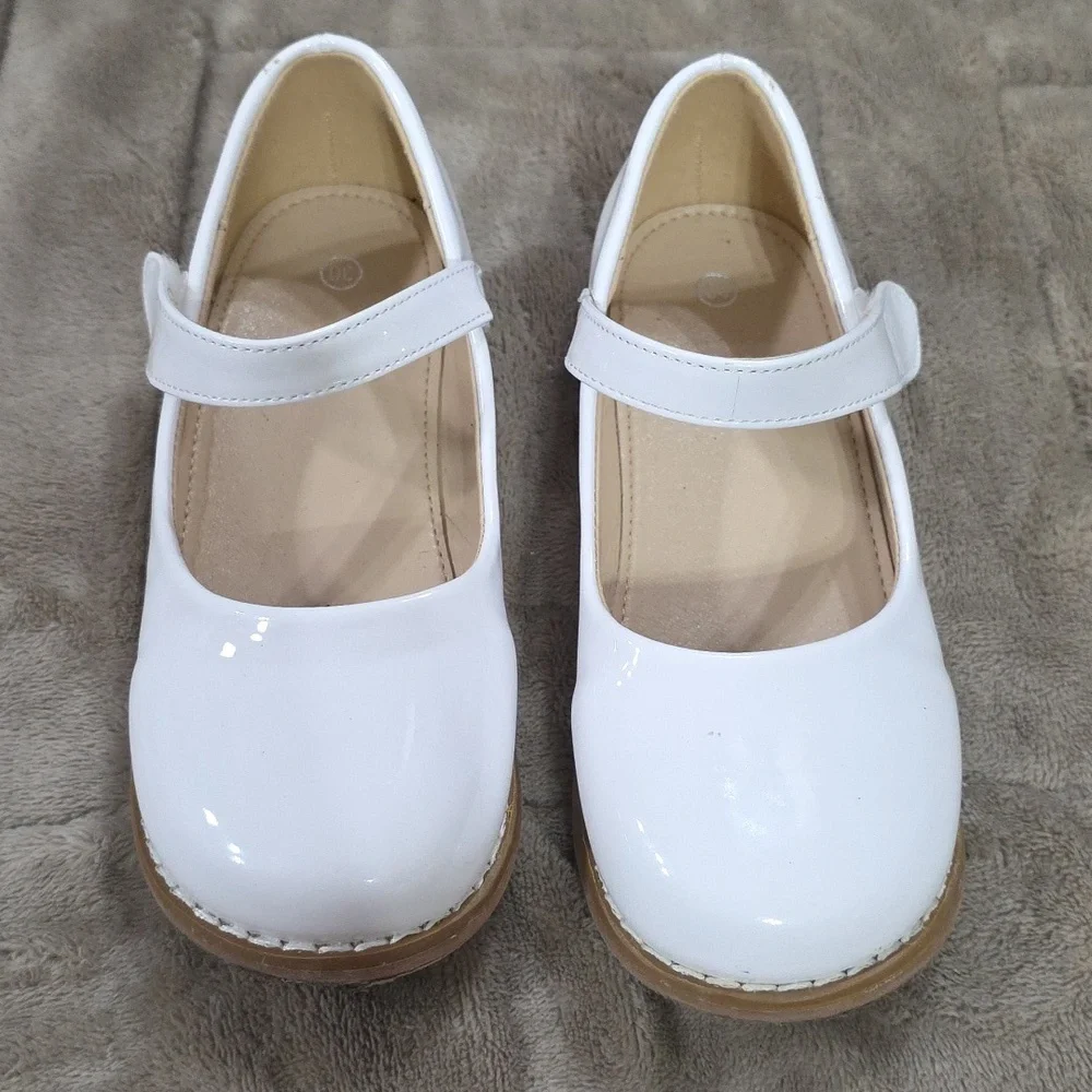 Girl's White Faux Patent Leather Mary Jane Shoes Hook/Loop Easter Sz 30/11.5 EUC